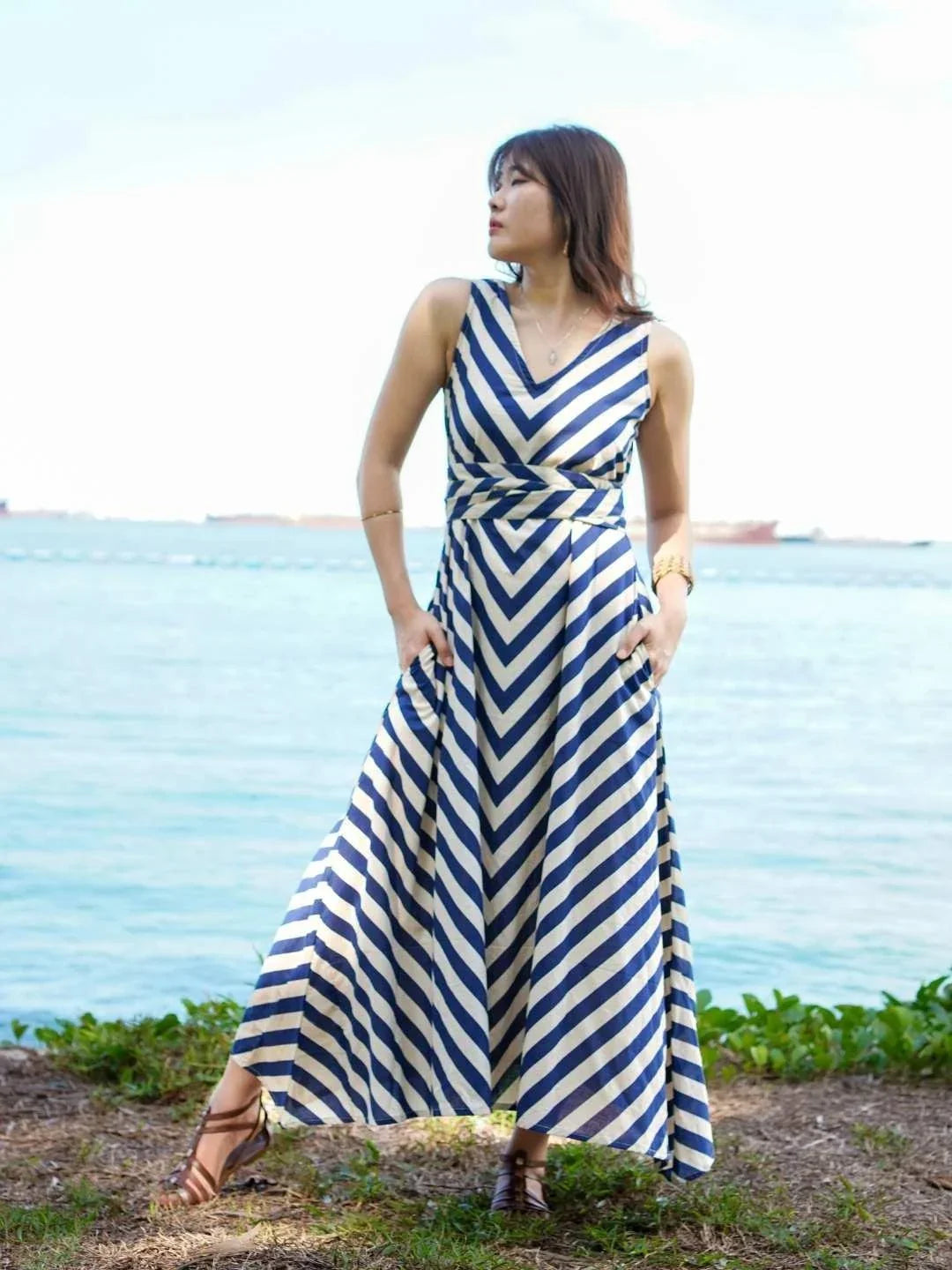 NIMBU | Vela Women's Wave Dress In Blue With Obi Belt