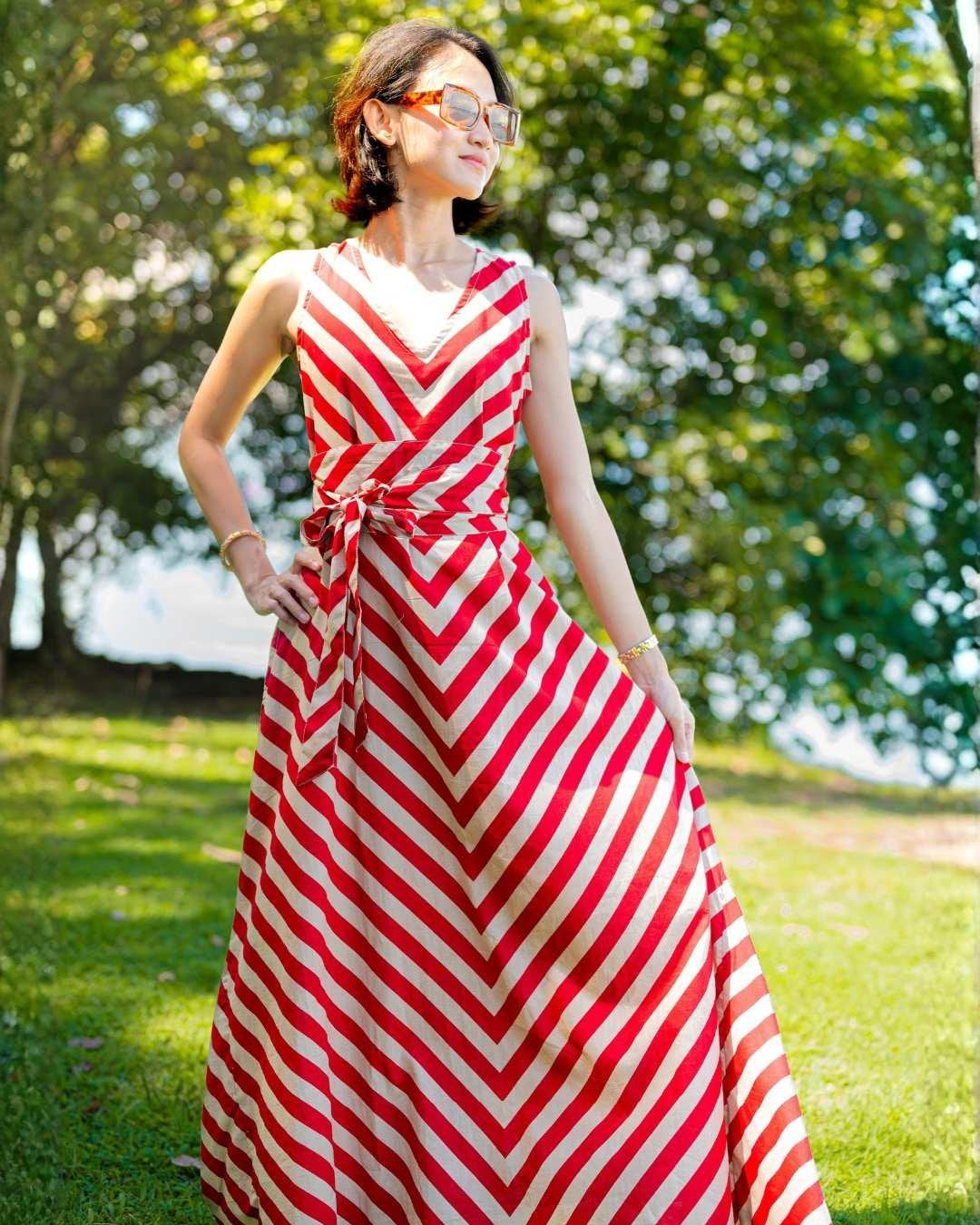 NIMBU | Vela Women's Wave Dress In Red With Obi Belt