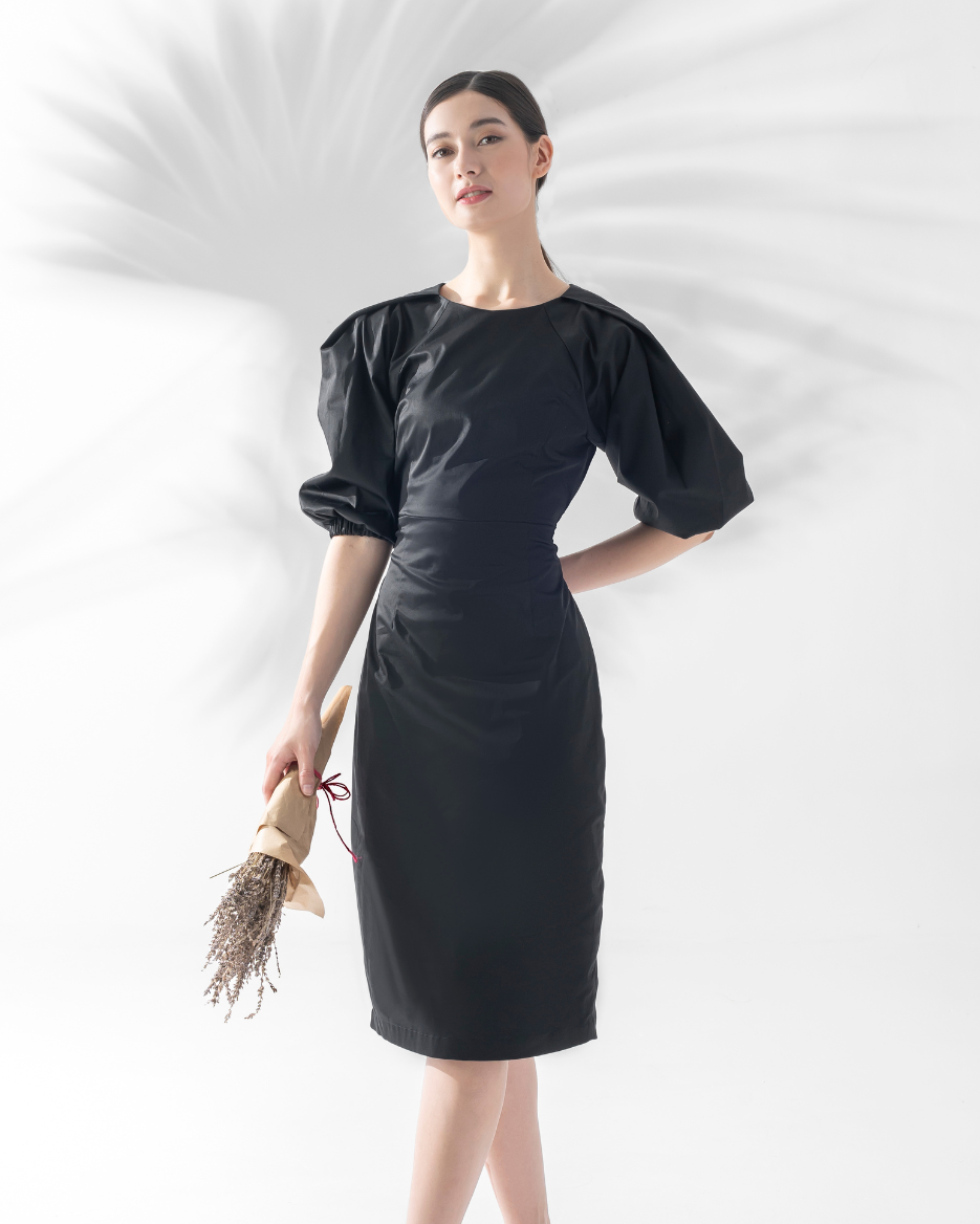 CAELI ECO LUXE | Puff Sleeve Open Back Dress Black