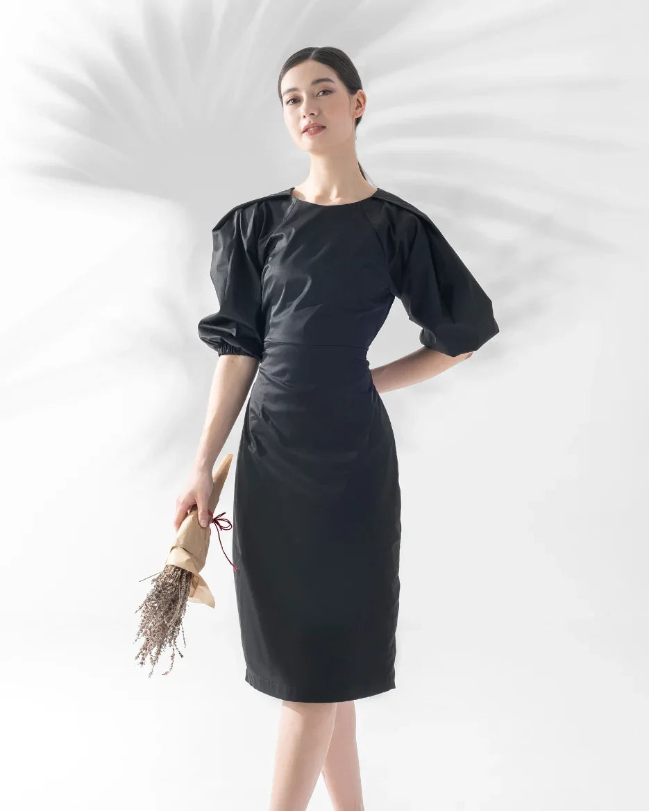 CAELI ECO LUXE | Puff Sleeve Open Back Dress Black