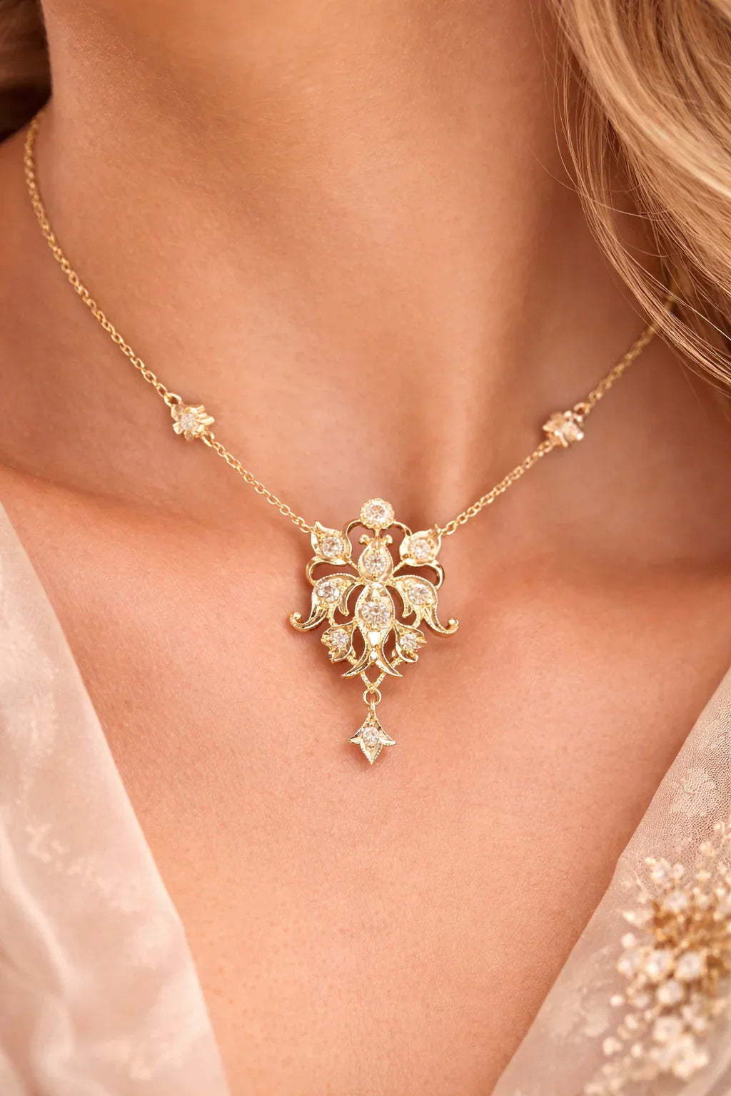 FOUNDATION JEWELLERS | 750 Y/G Peranakan Natural Diamond Pendant On Chain "Flower" Motif 4.45gm, D12 - 0.36ct