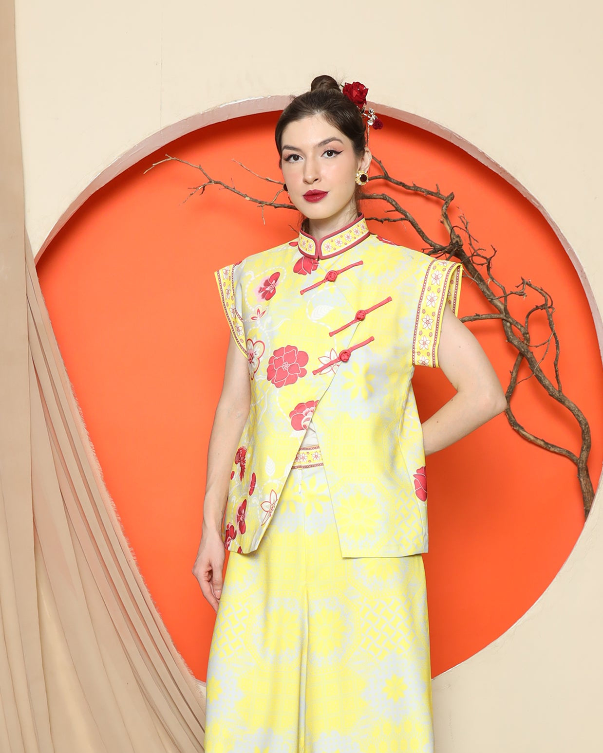 KANZI COLLECTION | Yellow Cheongsam Floral Vest With Wide Leg Pant Set