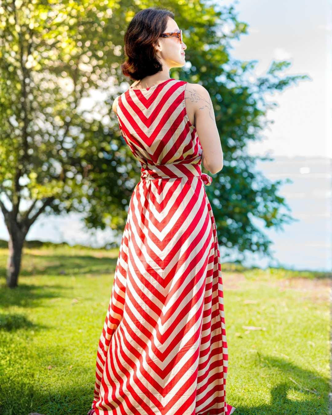 NIMBU | Vela Women's Wave Dress In Red With Obi Belt
