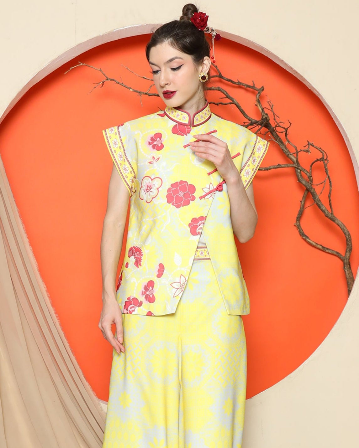 KANZI COLLECTION | Yellow Cheongsam Floral Vest With Wide Leg Pant Set