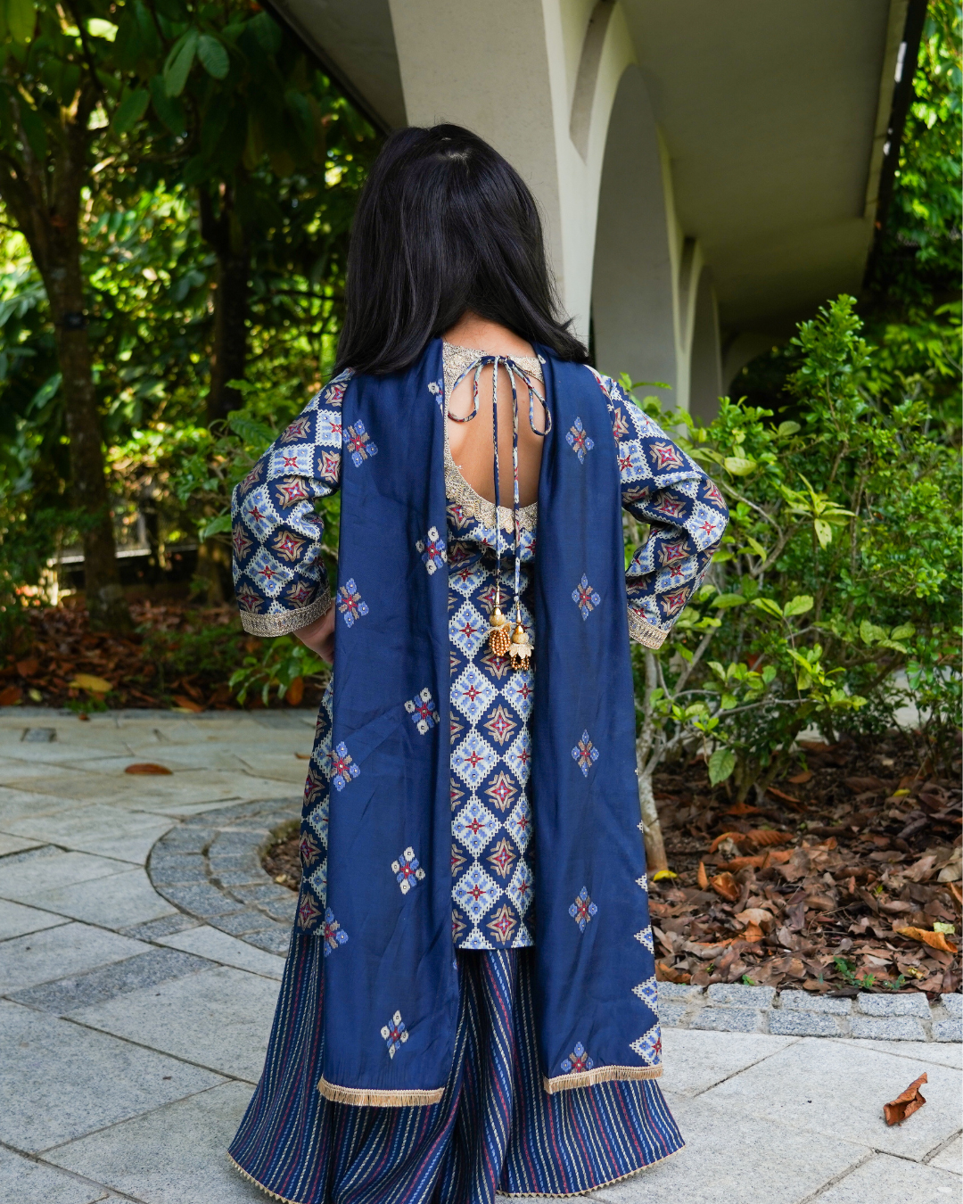 NIMBU | Tara Blue Girls Choga Style Kurta & Palazzo Set in Muslin Cotton