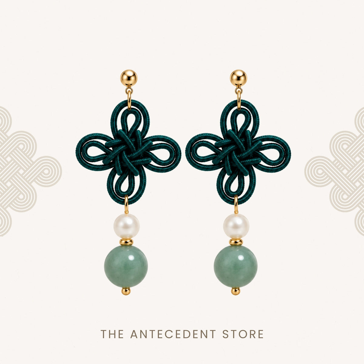 THE ANTECEDENT STORE | 吉祥结 | Statement Auspicious Knot with Green Aventurine Earrings