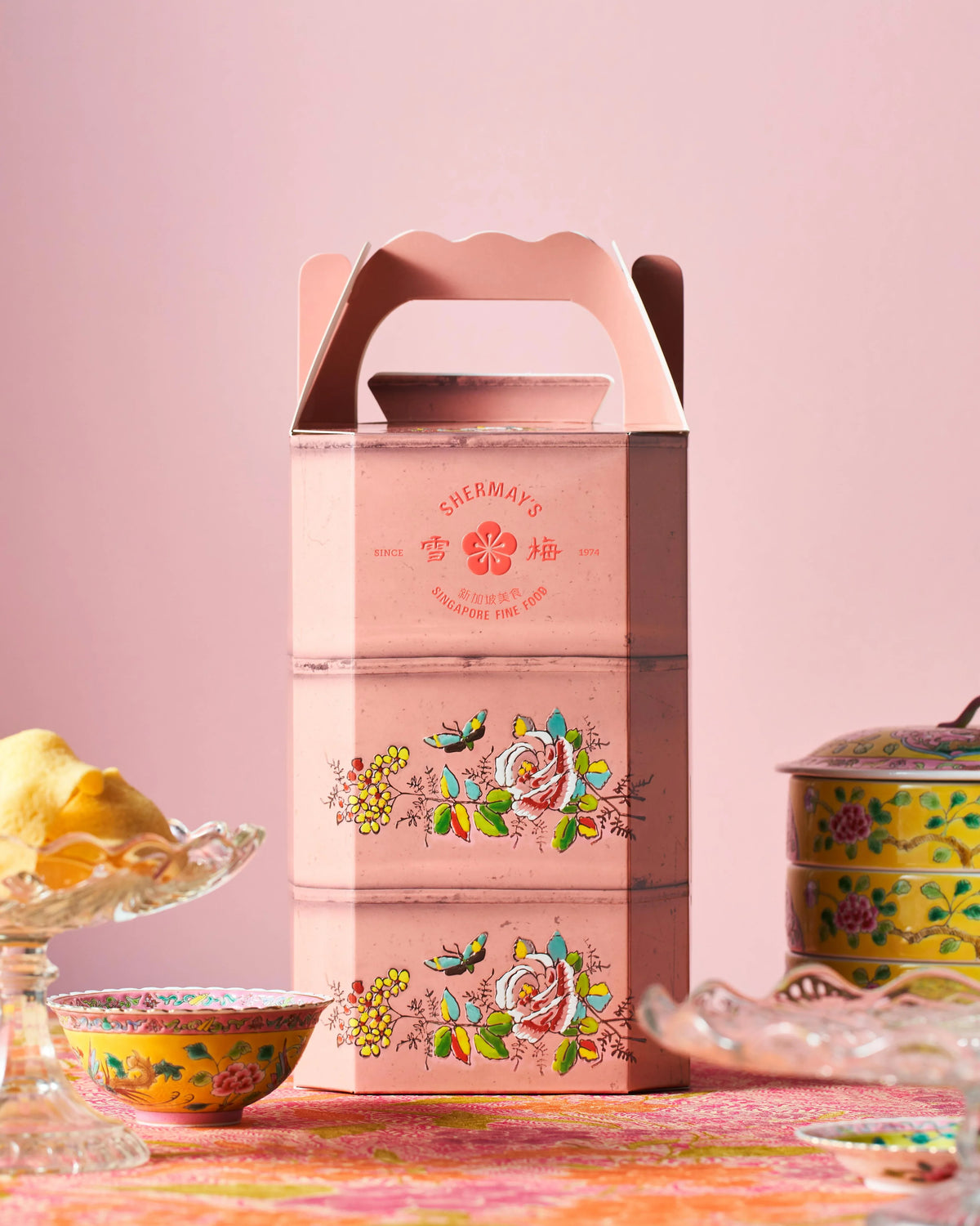 SHERMAY'S SINGAPORE FINE FOOD | Rose Pink Tingkat Gift Set - Keropok and Sauces