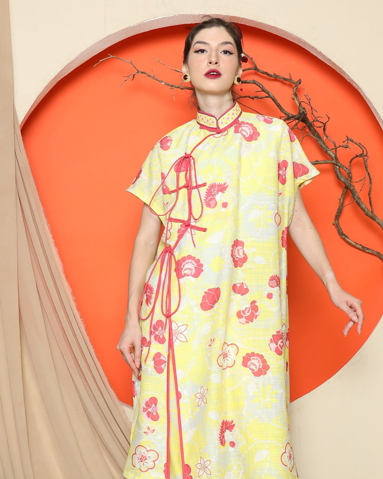 KANZI COLLECTION | Yellow Oriental Floral Cheongsam Pant Set