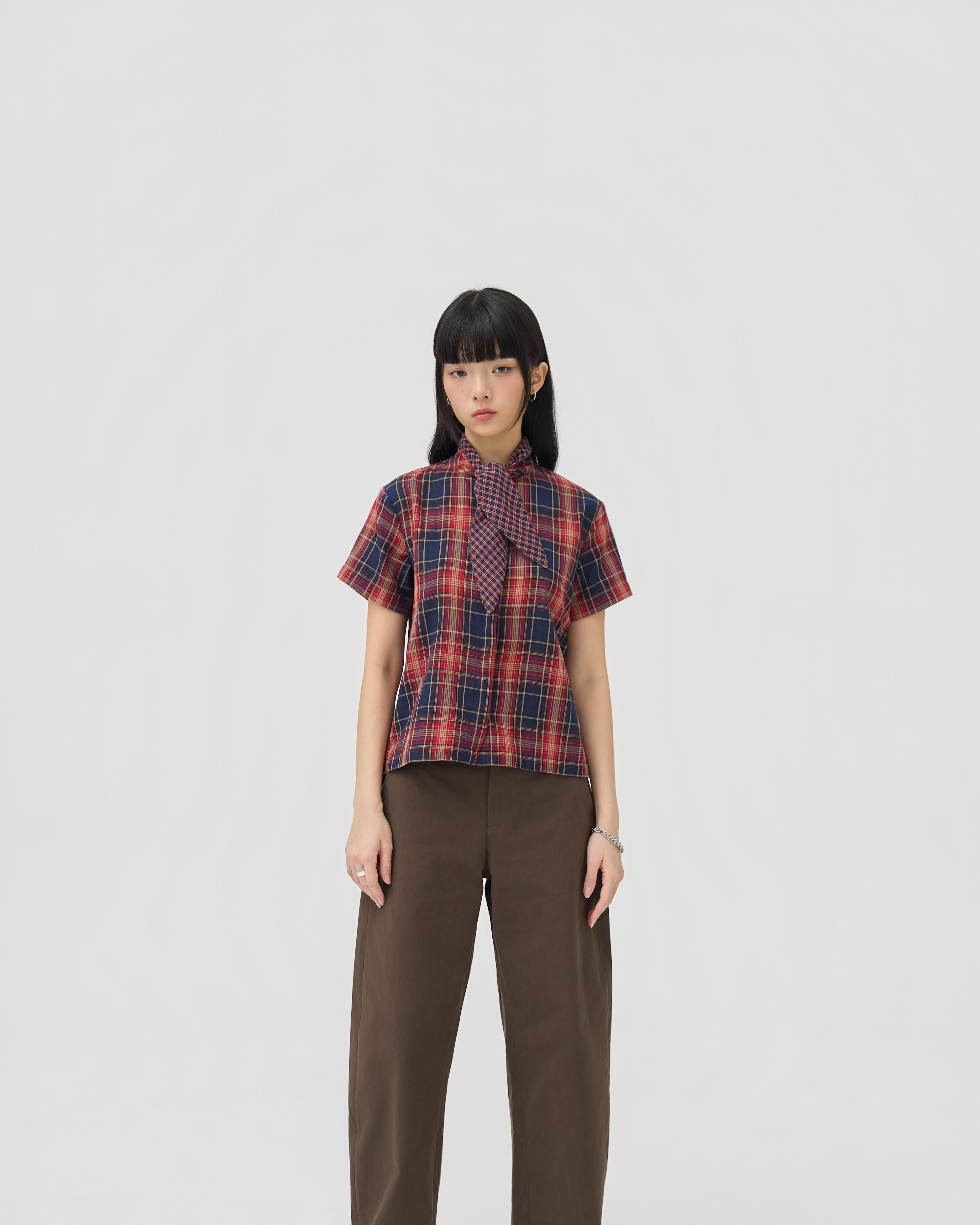 3EIGHTH | Nimai 2-Way Scarf Top In Red Tartan Gauze