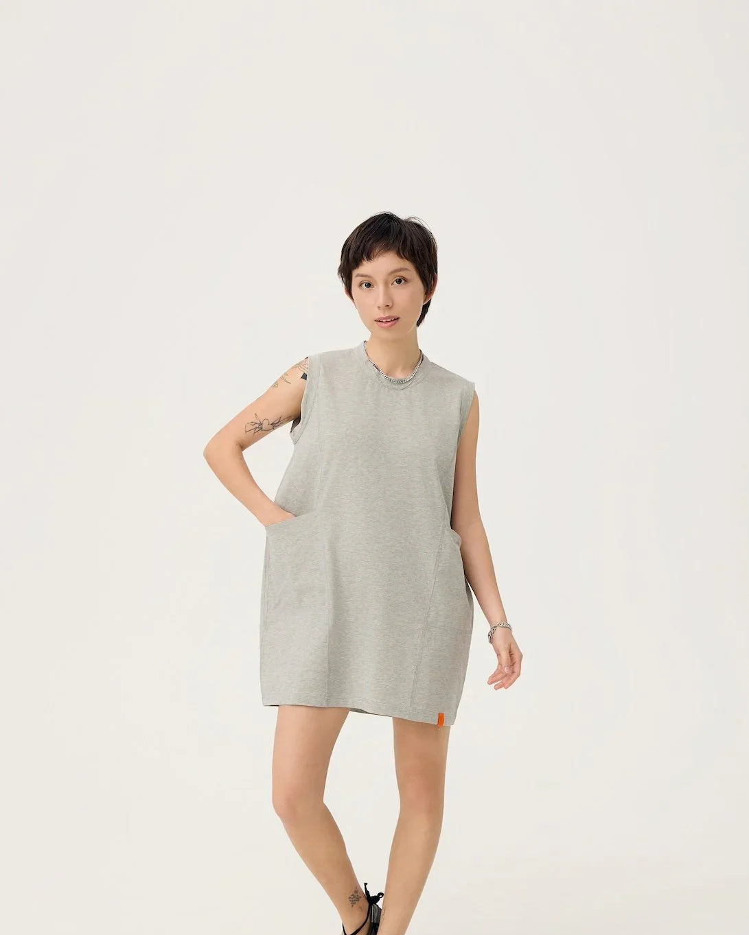3EIGHTH | Cocoon Jersey Reversible Dress in Zinc Grey & Lemon Fizz