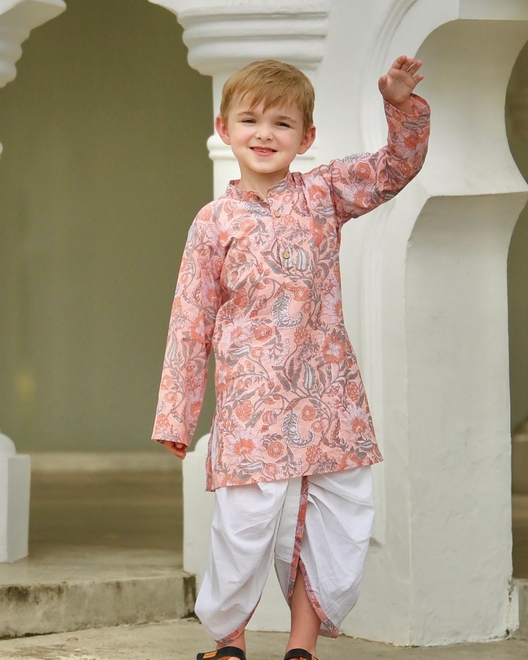 NIMBU | Devi Coral Boys Handblock Kurta Dhoti
