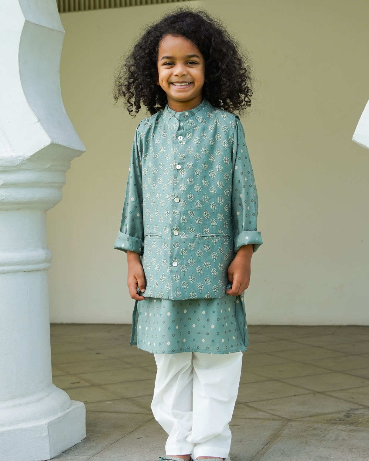 NIMBU | Vir Sage Green Boys Kurta Pajama Jacket in Muslin Cotton