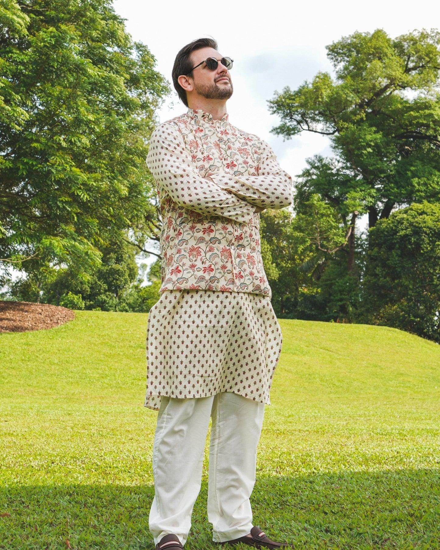 NIMBU | Nia Mens Pearl White Floral Kurta Pajama Jacket Set In Muslin Cotton