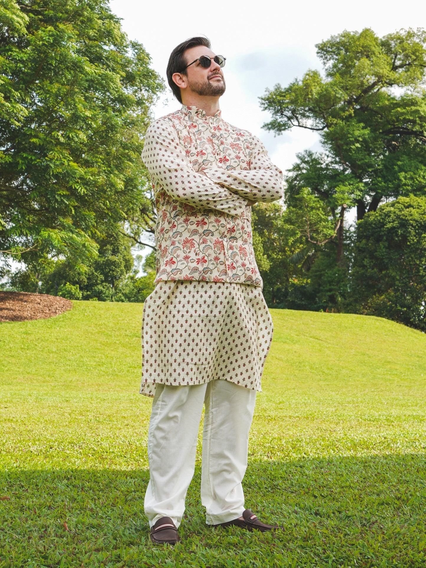 NIMBU | Nia Mens Pearl White Floral Kurta Pajama Jacket Set In Muslin Cotton
