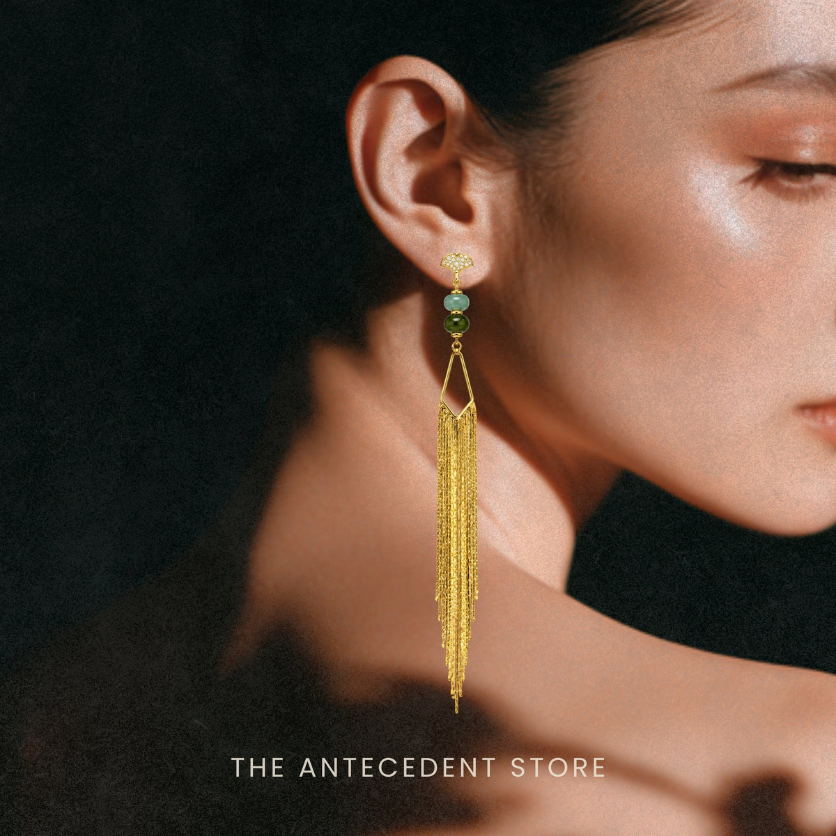 THE ANTECEDENT STORE | Ginkgo Tassel Earrings With Green Chalcedony & Green Aventurine