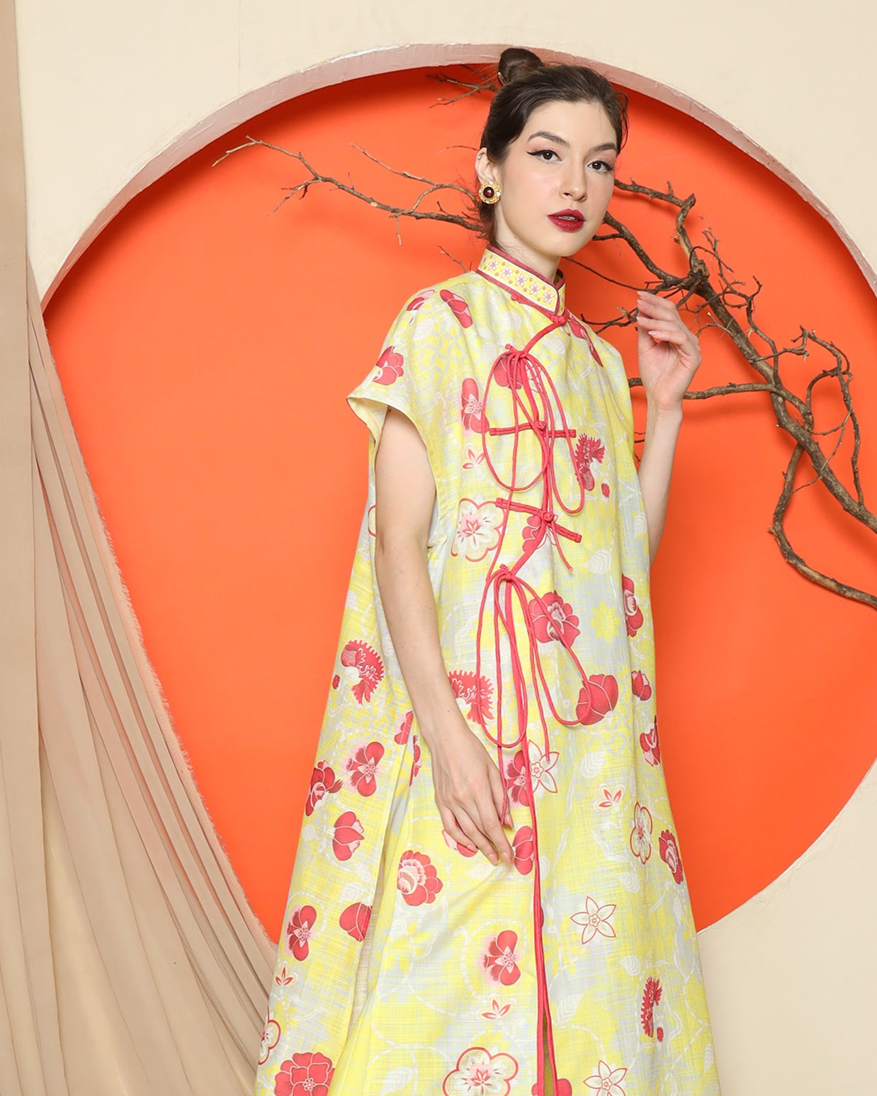 KANZI COLLECTION | Yellow Oriental Floral Cheongsam Pant Set