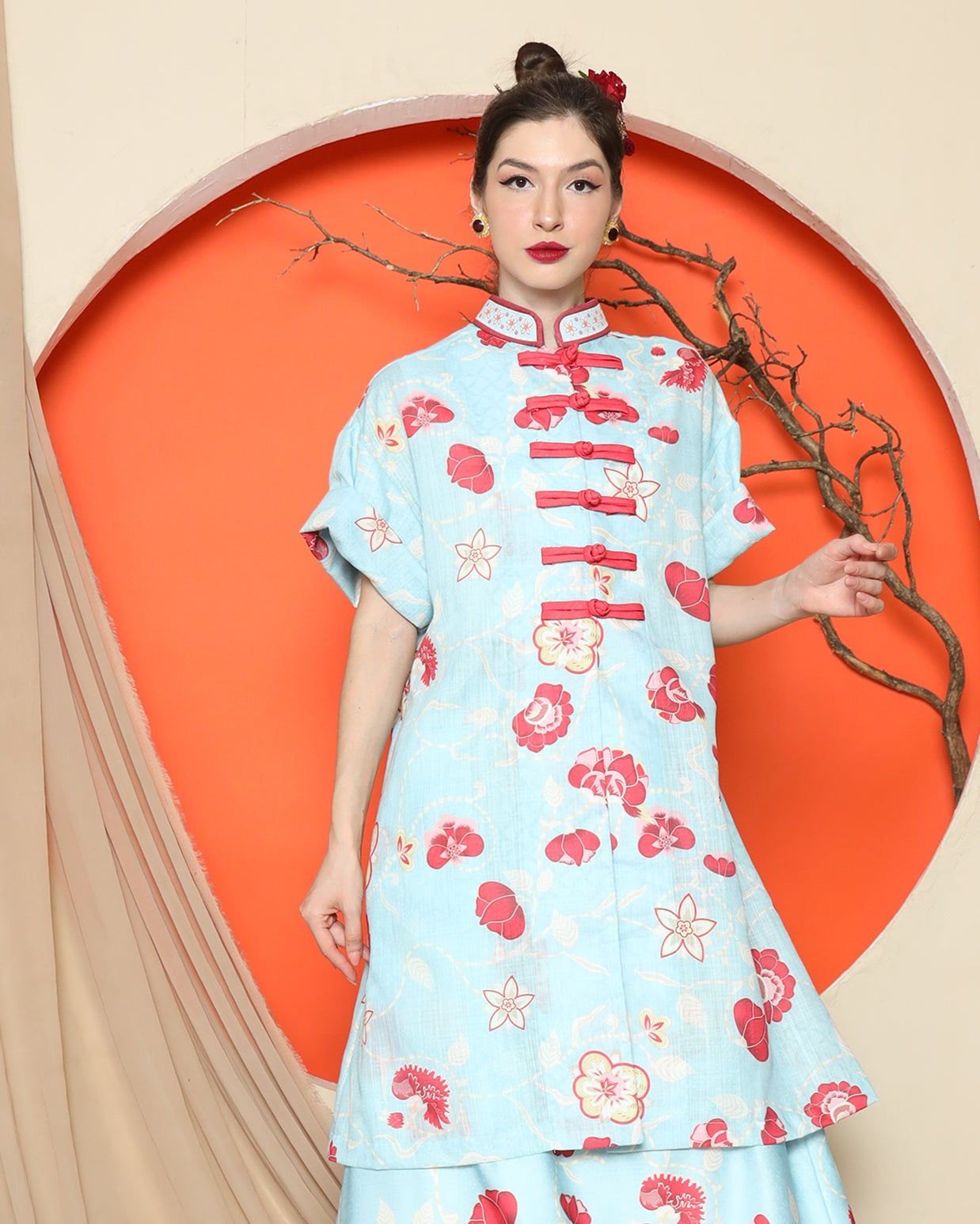 KANZI COLLECTION | Blue Floral Cheongsam Skirt Set