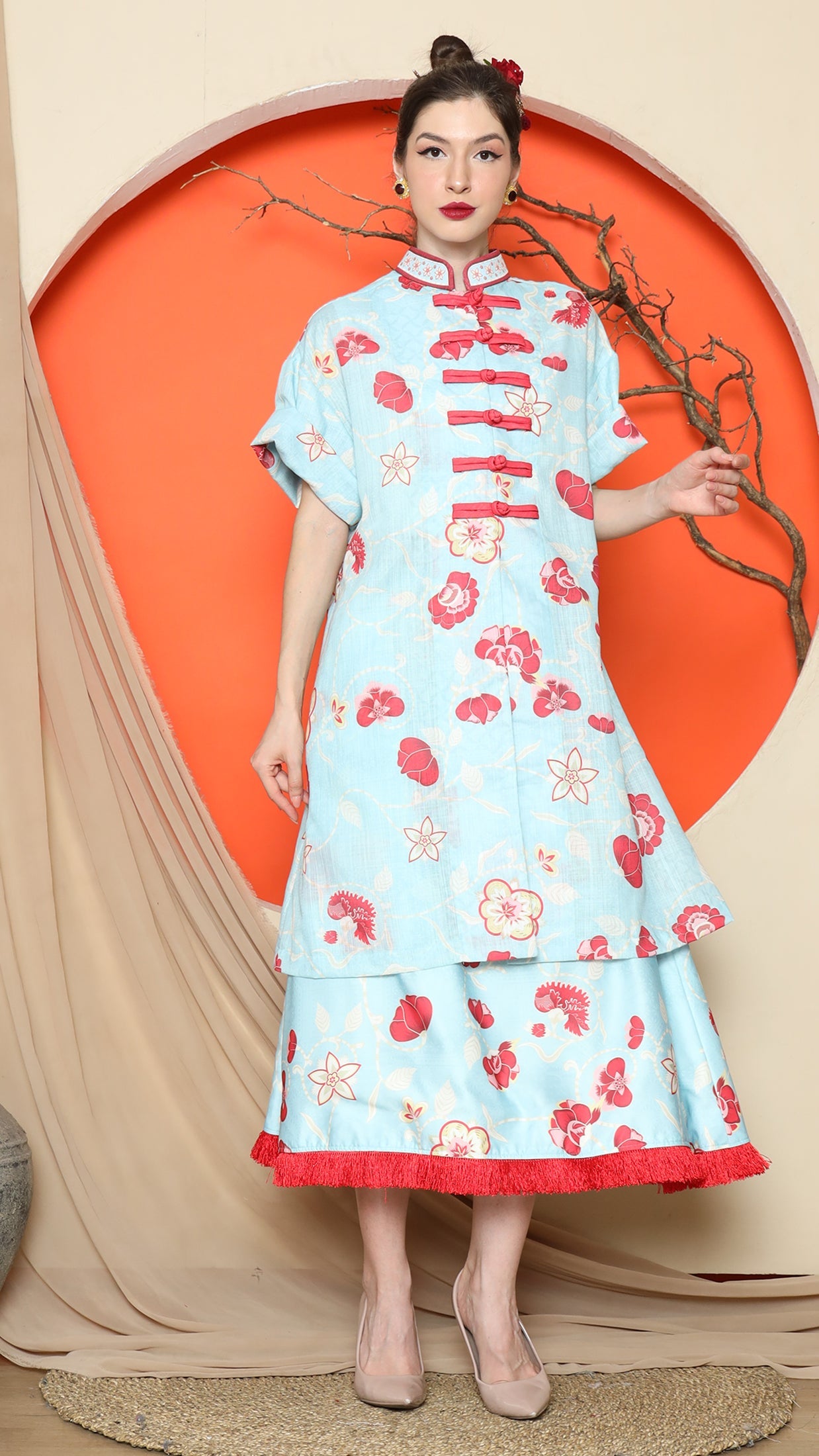 KANZI COLLECTION | Blue Floral Cheongsam Skirt Set