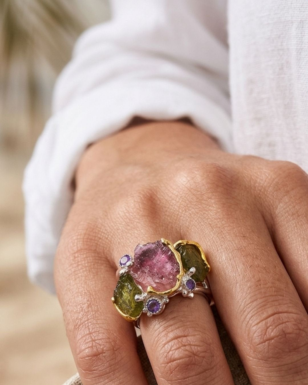 CREATIVE JEWELLERY STUDIO | Prasiolites & Multicoloured Tourmaline "Lake Garden", Rhodium Plated 925 Silver Ring | Lithosphere Jewels