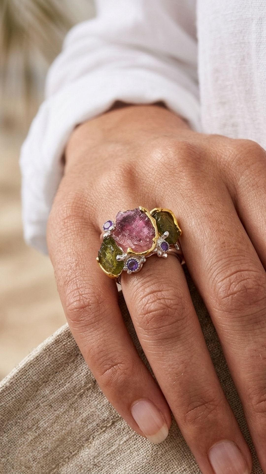 CREATIVE JEWELLERY STUDIO | Prasiolites & Multicoloured Tourmaline "Lake Garden", Rhodium Plated 925 Silver Ring | Lithosphere Jewels