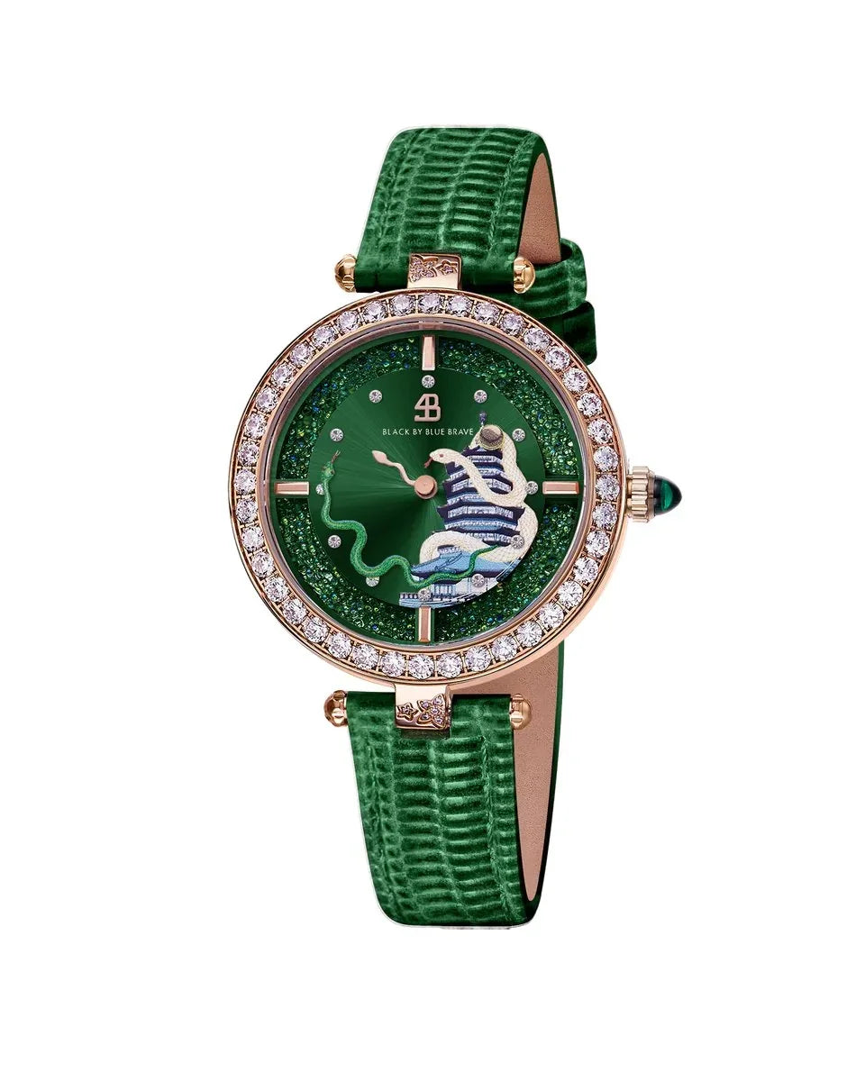 BLACK BY BLUE BRAVE | Snake Watch 34mm (Green Dial with Moving Snake Hands and Leather Strap)