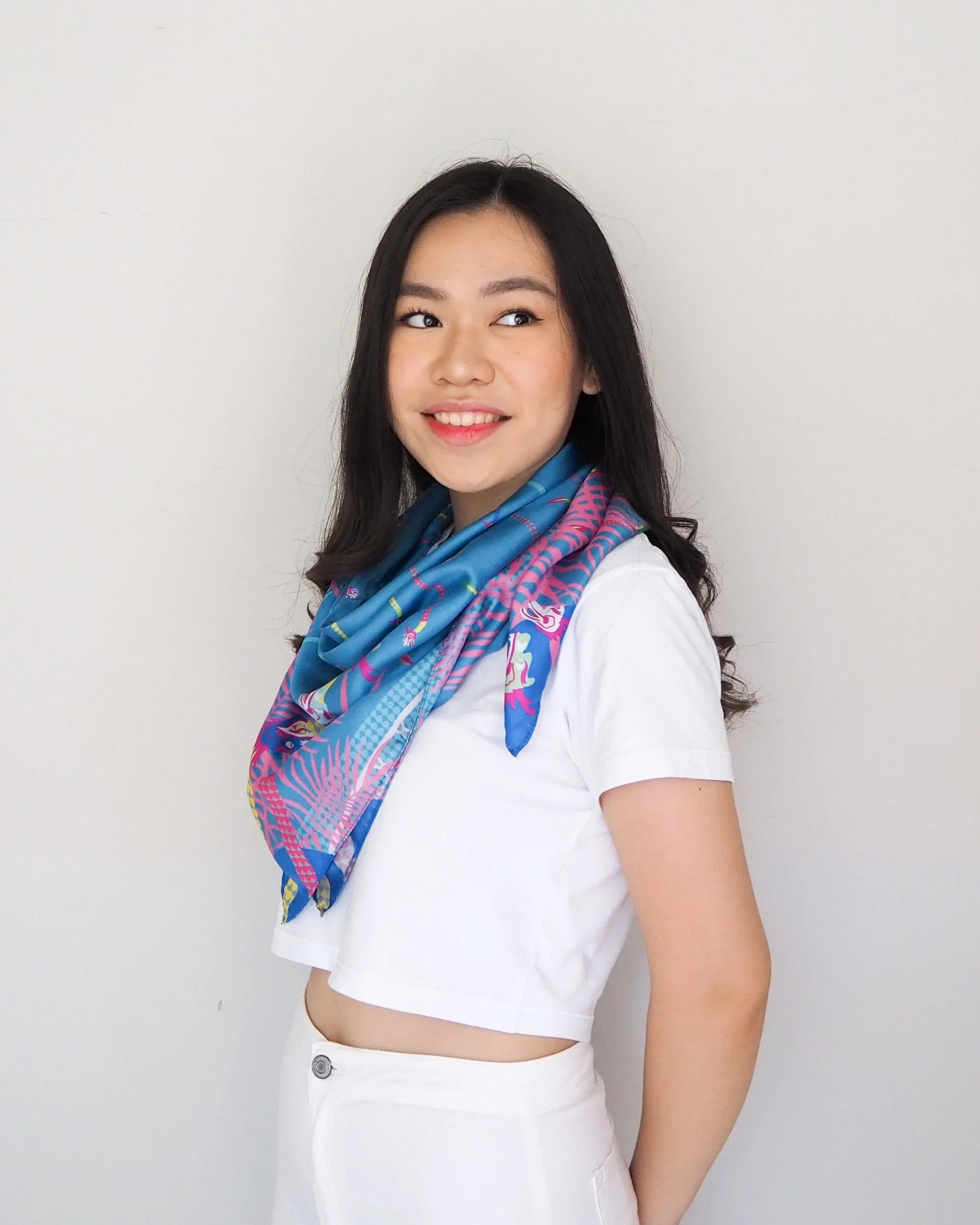 BINARY STYLE | Dragons On Singapore Water Silk Square Scarf 87X87 cm
