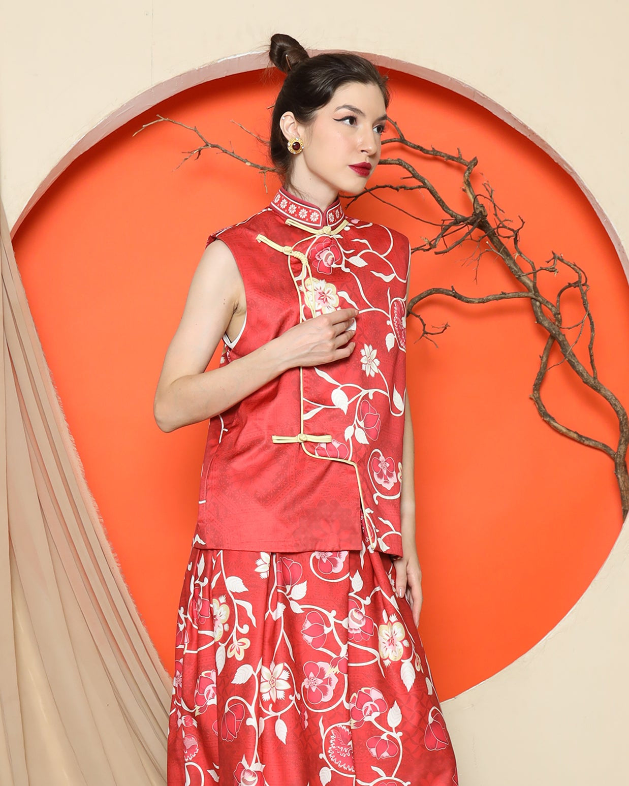 KANZI COLLECTION | Red Cheongsam Floral Vest With Floral Skirt