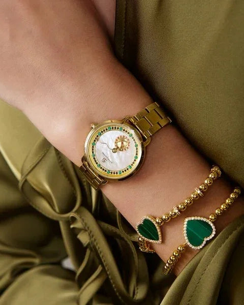 BLACK BY BLUE BRAVE | Cupid 28mm White Mother Of Pearl Dial Heart Shaped Hands Gold Bracelet Watch