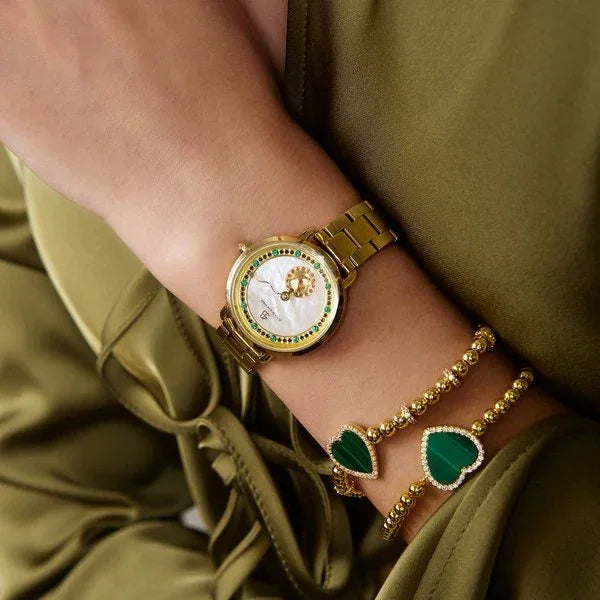 BLACK BY BLUE BRAVE | Cupid 28mm White Mother Of Pearl Dial Heart Shaped Hands Gold Bracelet Watch