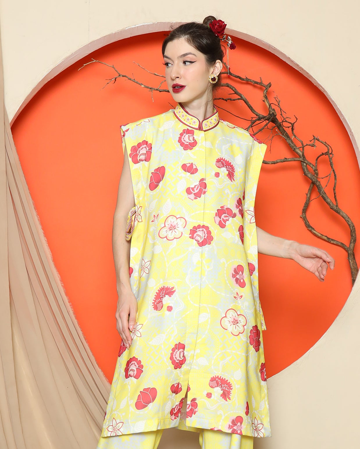 KANZI COLLECTION | Yellow Vest Kimono Jacquard Floral Pant Set