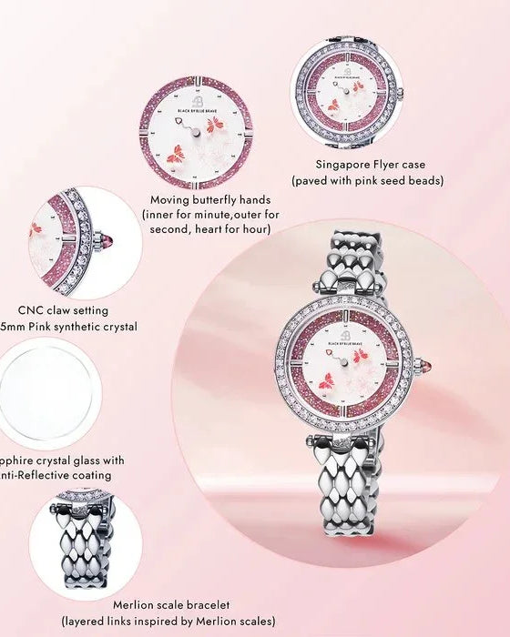 BLACK BY BLUE BRAVE | Butterfly Lovers 34mm Pink Dial Moving Butterfly Hands Silver Bracelet Watch