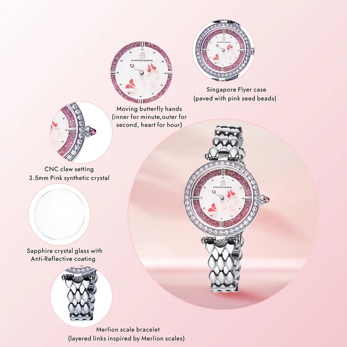 BLACK BY BLUE BRAVE | Butterfly Lovers 34mm Pink Dial Moving Butterfly Hands Silver Bracelet Watch
