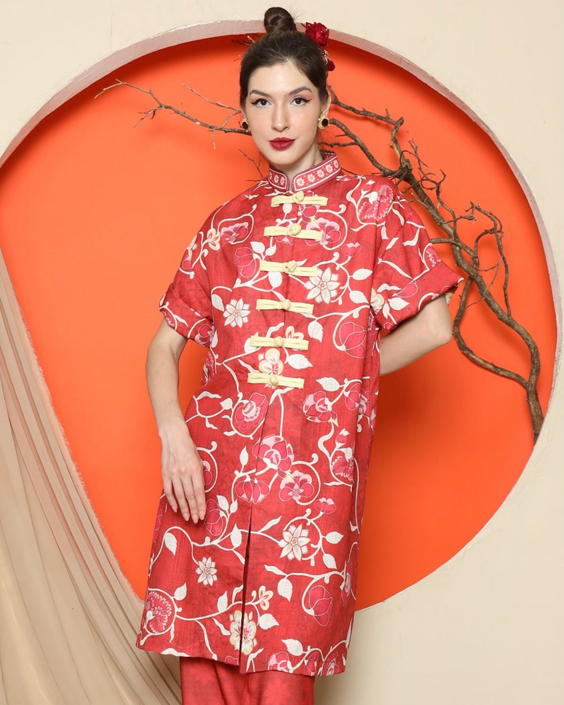 KANZI COLLECTION | Red Floral Cheongsam Pant Set