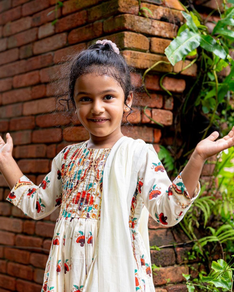 NIMBU | Rosa Girls Anarkali With Dupatta Set In Off White