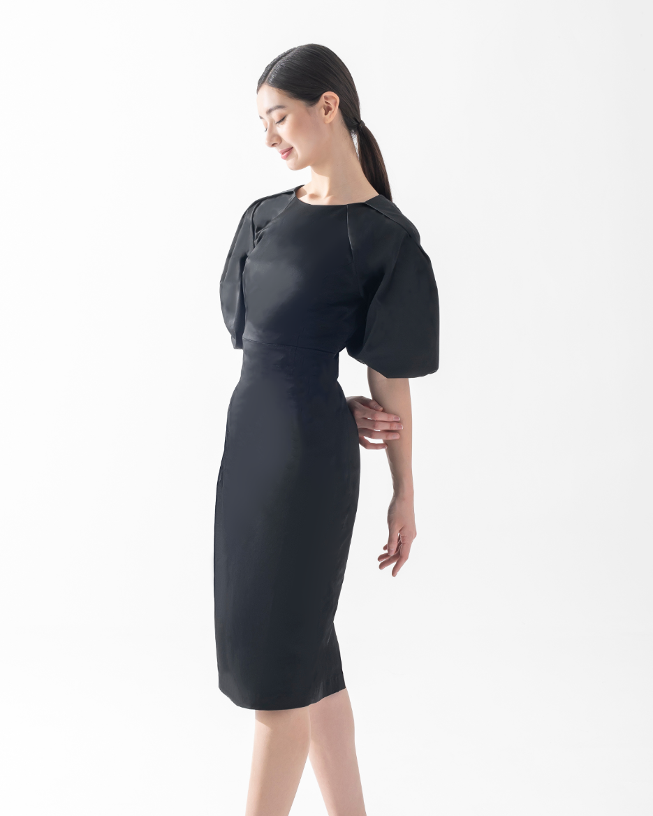 CAELI ECO LUXE | Puff Sleeve Open Back Dress Black