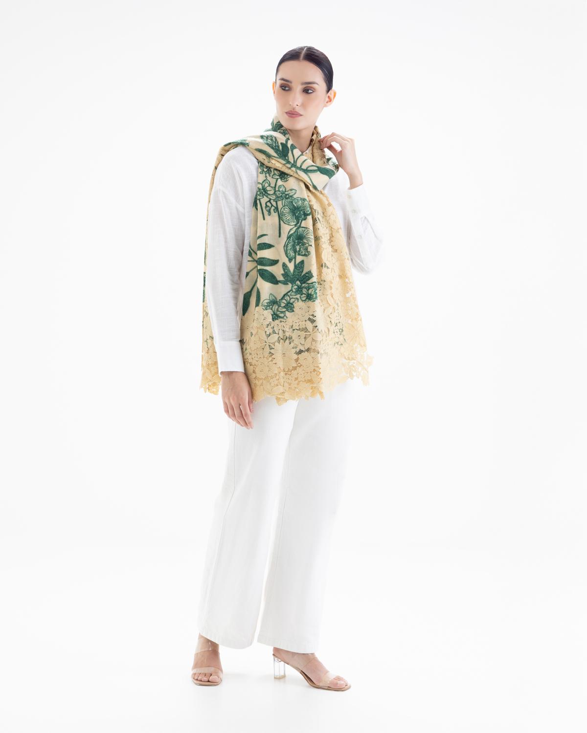 QUEENMARK | AN Assorted Lace Print Crystal Shawl Light Beige Green Flower