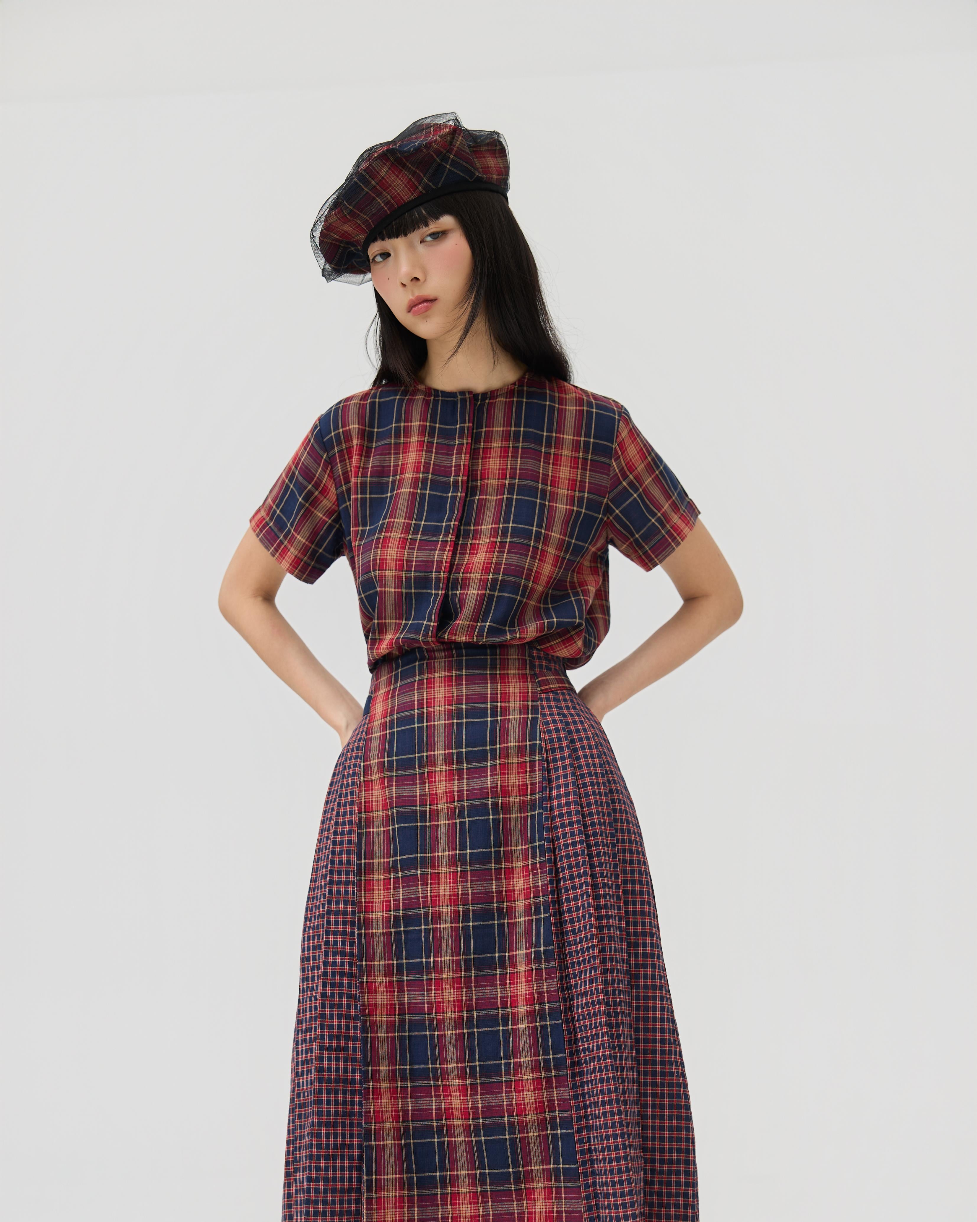 3EIGHTH | Nimai 2-Way Scarf Top In Red Tartan Gauze
