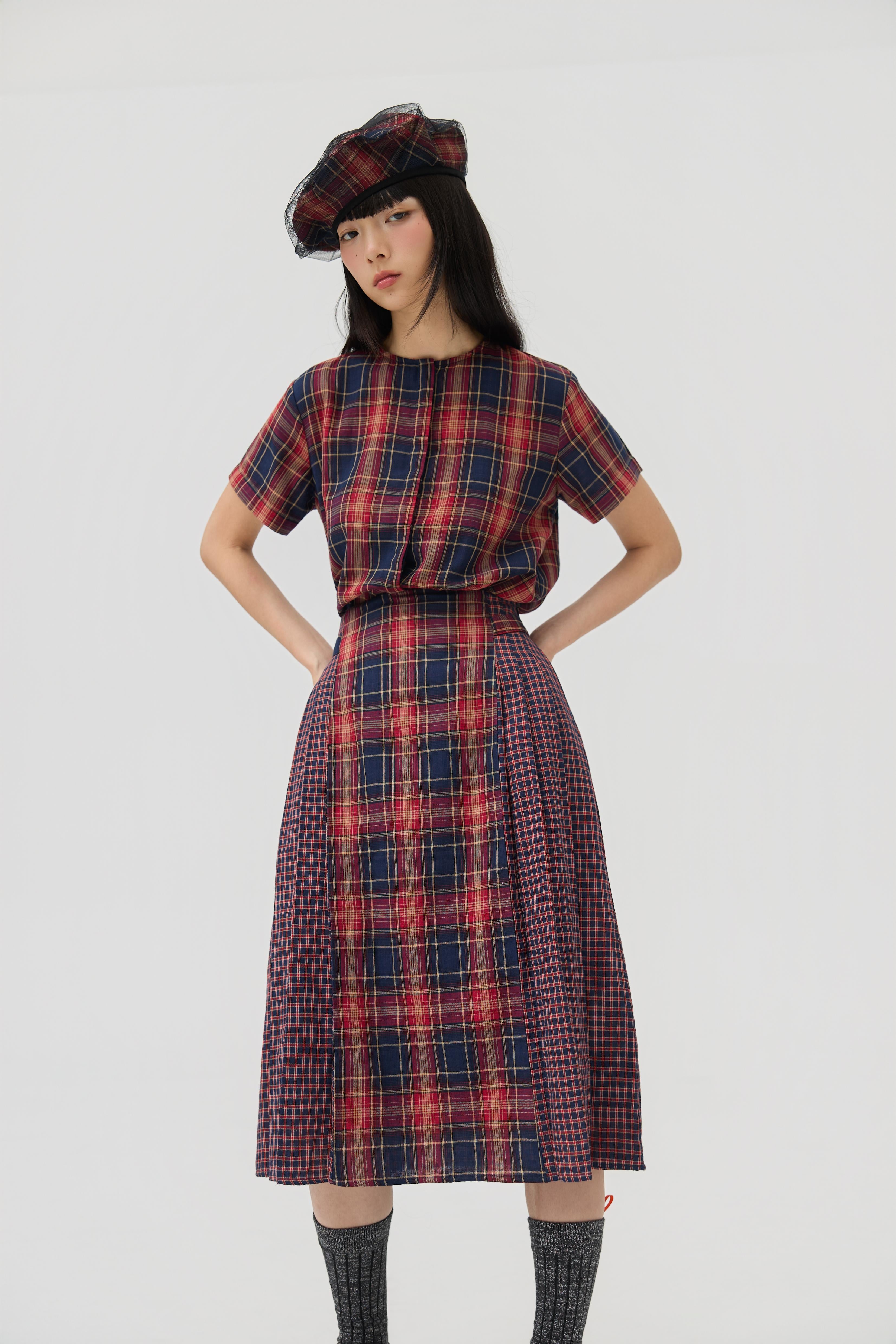 3EIGHTH | Nimai 2-Way Scarf Top In Red Tartan Gauze