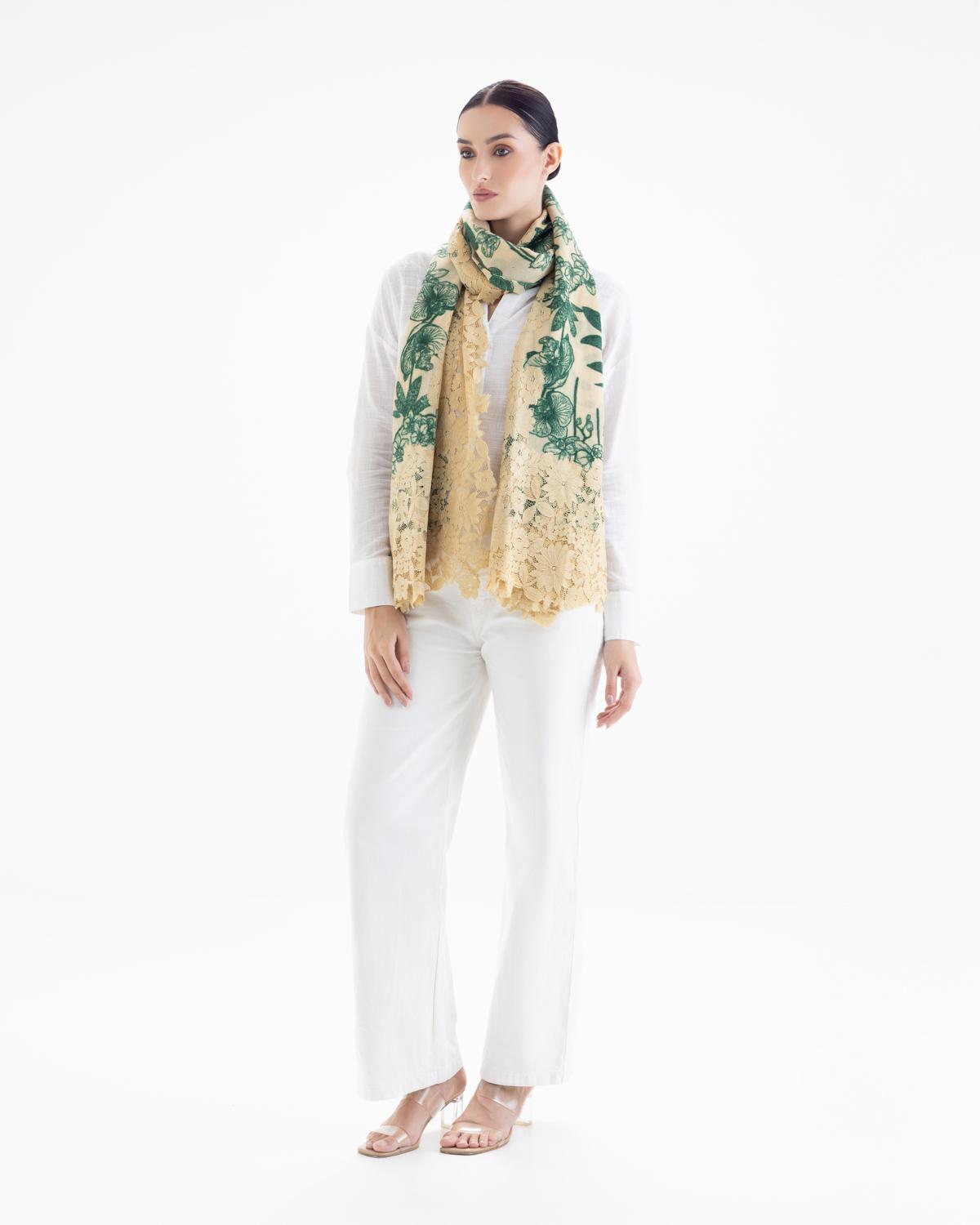 QUEENMARK | AN Assorted Lace Print Crystal Shawl Light Beige Green Flower