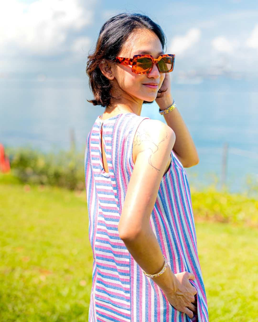 NIMBU | Luna Women's Slit Dress In Pink And Blue Stripes