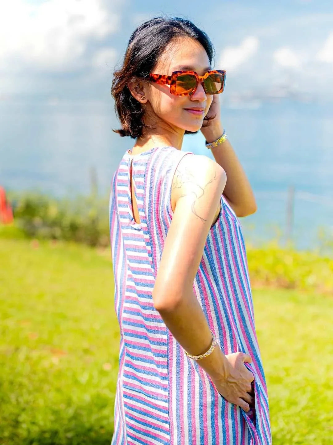 NIMBU | Luna Women's Slit Dress In Pink And Blue Stripes