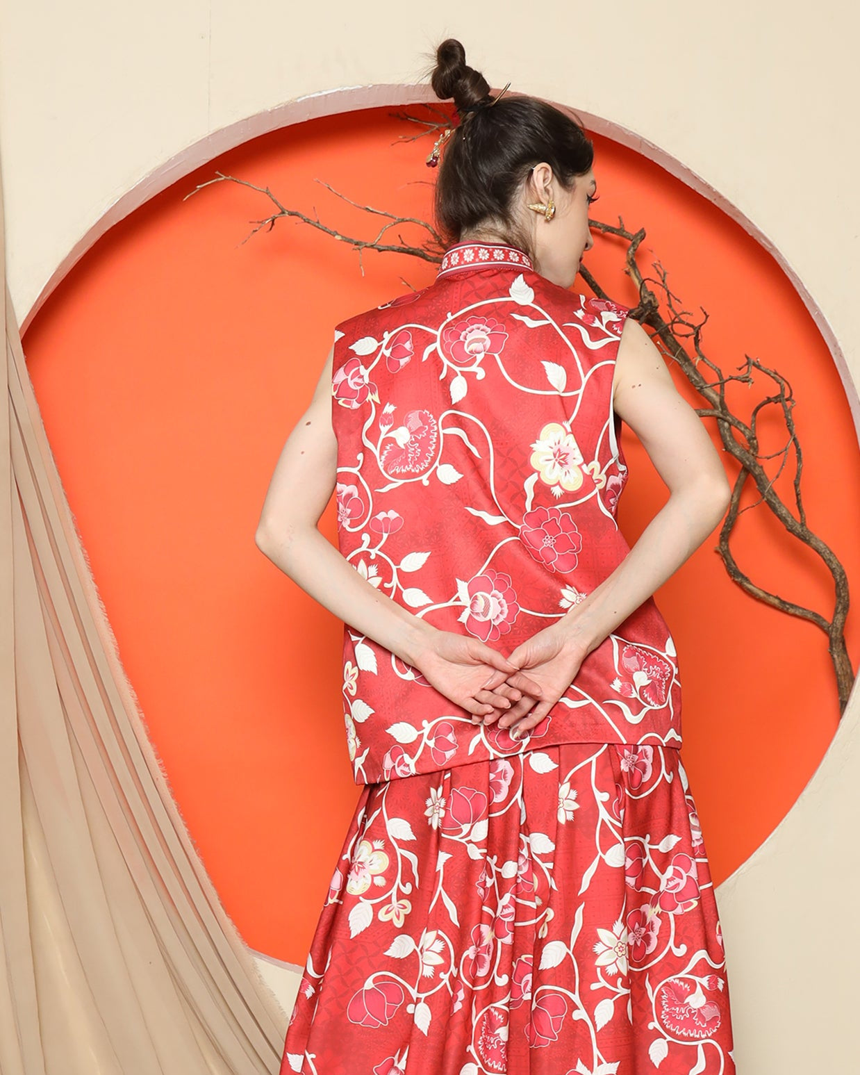 KANZI COLLECTION | Red Cheongsam Floral Vest With Floral Skirt