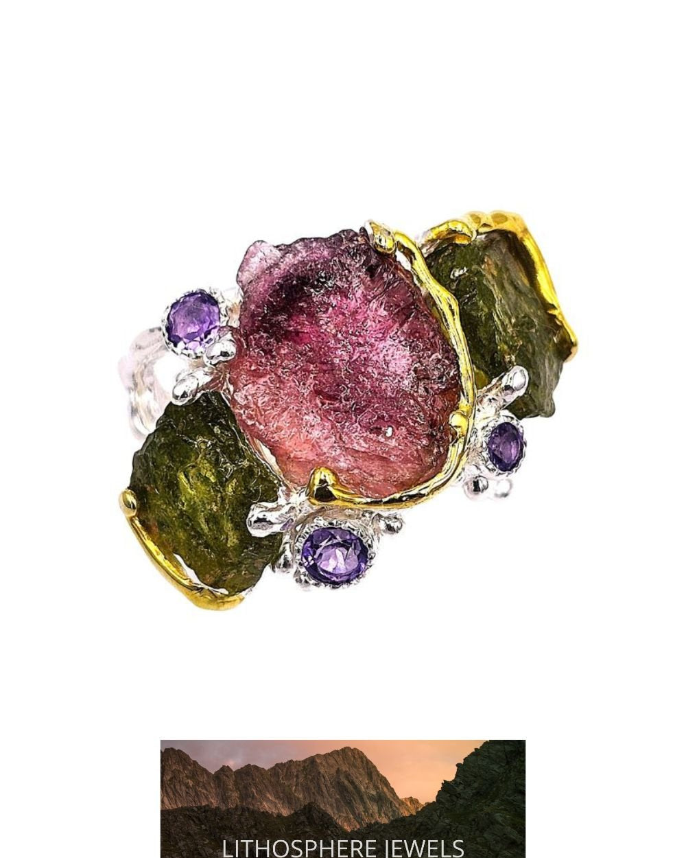 CREATIVE JEWELLERY STUDIO | Prasiolites & Multicoloured Tourmaline "Lake Garden", Rhodium Plated 925 Silver Ring | Lithosphere Jewels