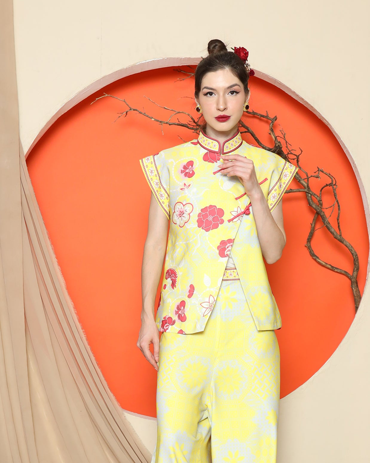 KANZI COLLECTION | Yellow Cheongsam Floral Vest With Wide Leg Pant Set