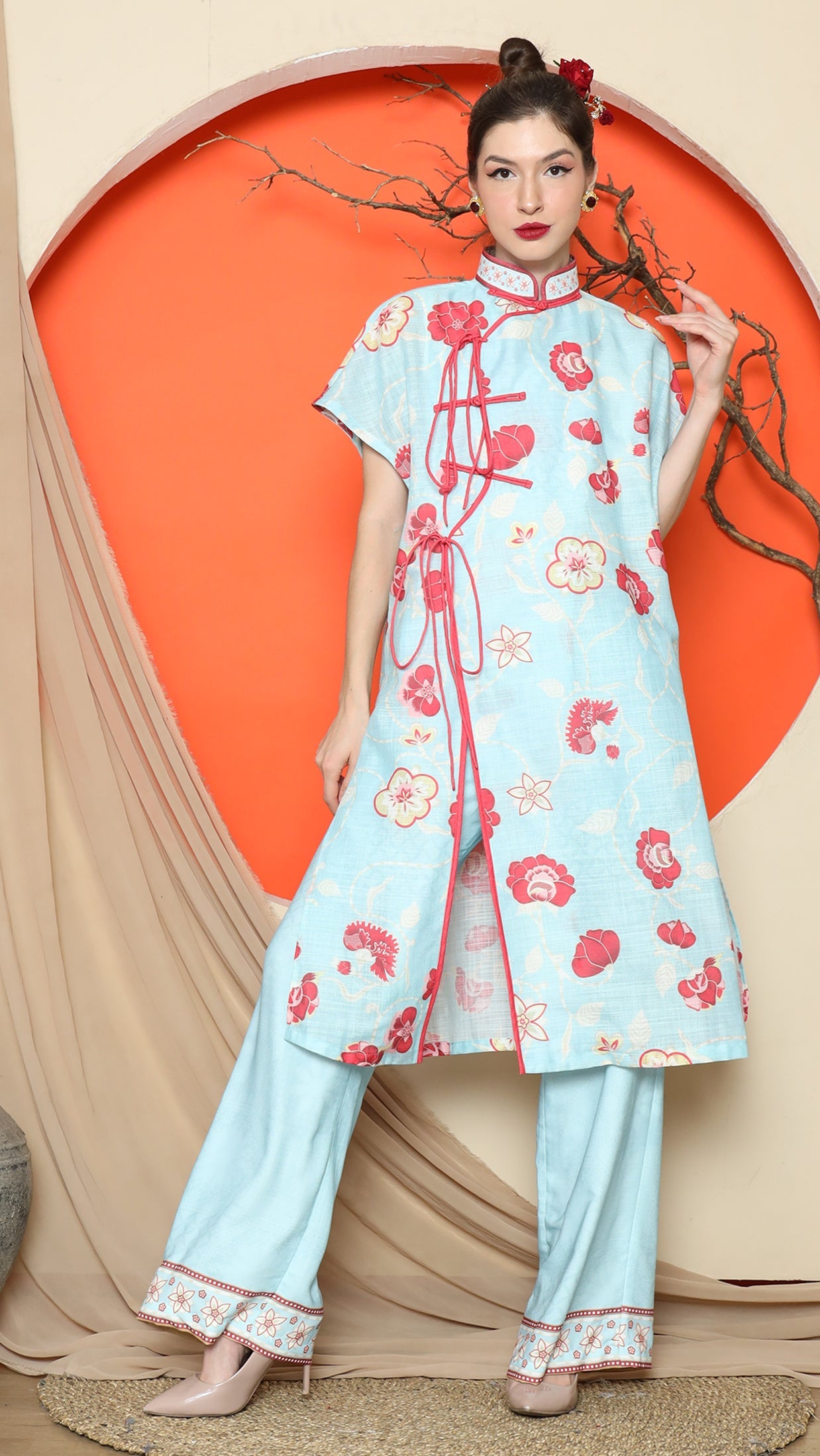 KANZI COLLECTION | Blue Oriental Floral Cheongsam Pant Set