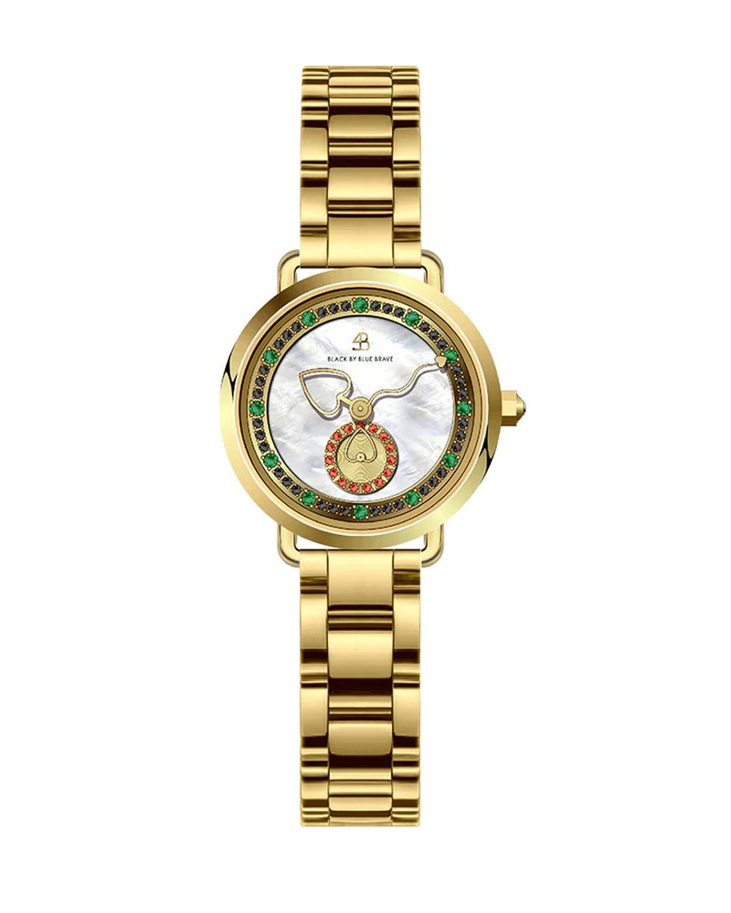 BLACK BY BLUE BRAVE | Cupid 28mm White Mother Of Pearl Dial Heart Shaped Hands Gold Bracelet Watch