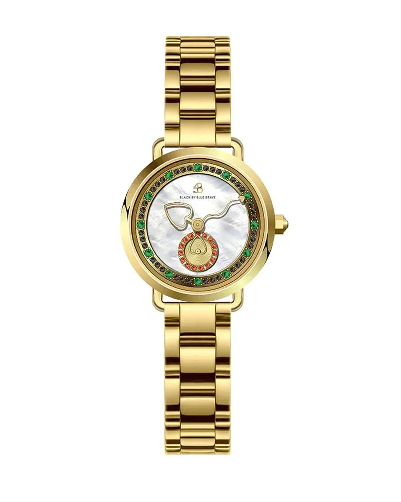 BLACK BY BLUE BRAVE | Cupid 28mm White Mother Of Pearl Dial Heart Shaped Hands Gold Bracelet Watch