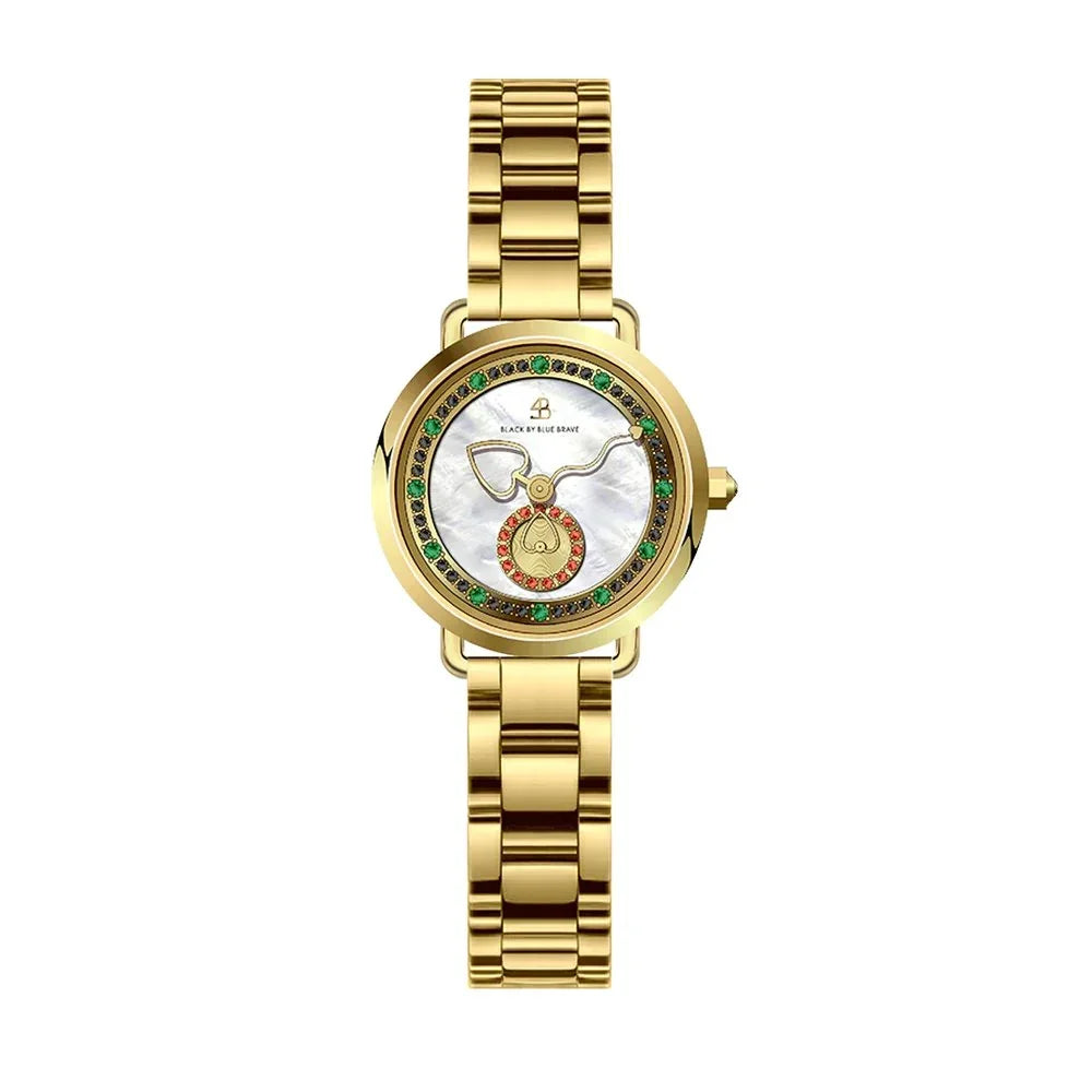 BLACK BY BLUE BRAVE | Cupid 28mm White Mother Of Pearl Dial Heart Shaped Hands Gold Bracelet Watch