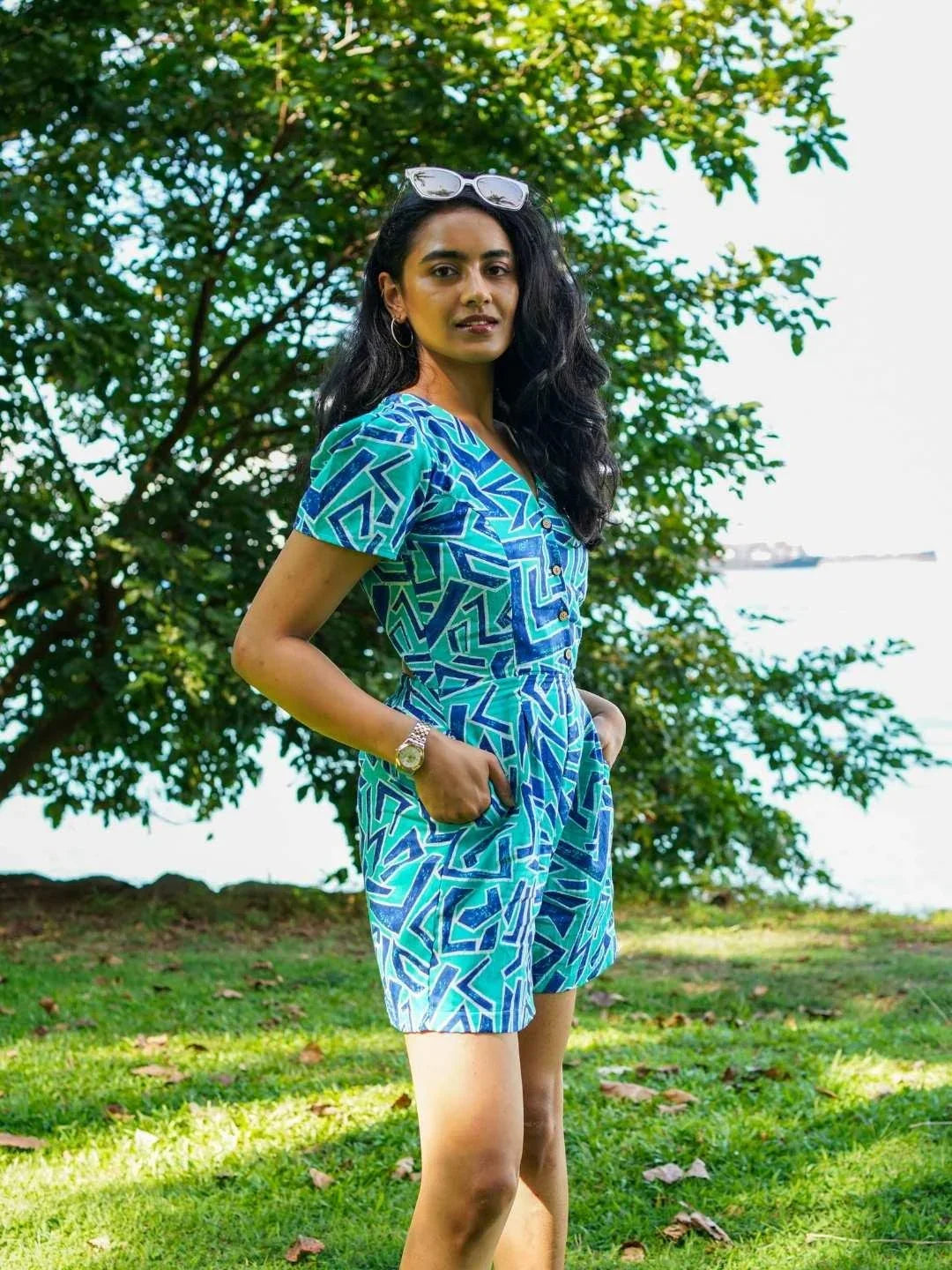 NIMBU | Nixi Women's Playsuit In Geometric Blue