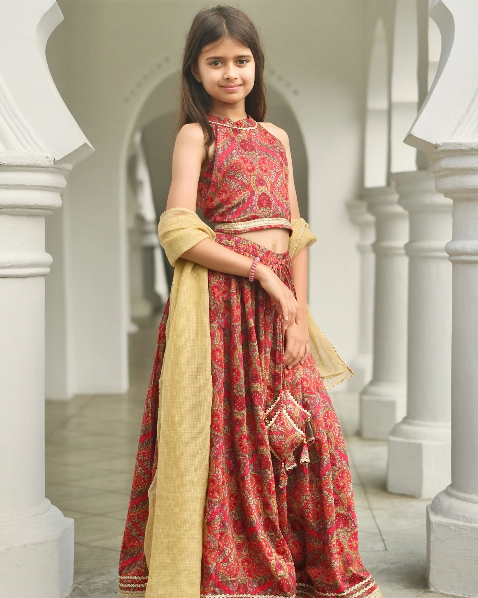 NIMBU | Amara Red Floral Girls Halter Lehenga With Chanderi Dupatta Set In Ice Cool Satin Cotton